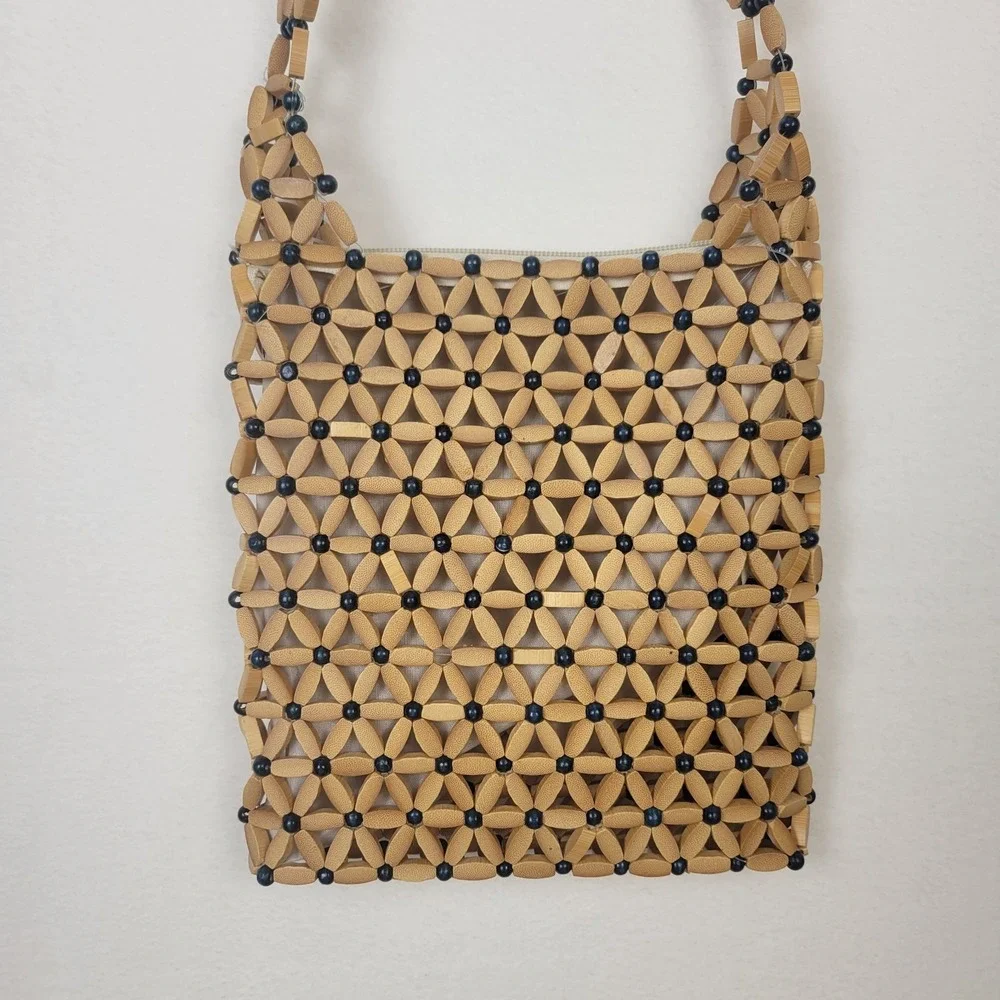Wooden Bead Flower Purse Blue Tan Boho Crossbody Handbag
